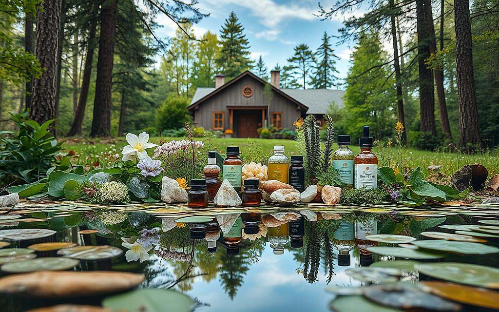 A tranquil forest setting with a central focus on a diverse array of therapeutic modalities. In the foreground, a serene pond reflects the surrounding nature - a mix of lush greenery, blooming flowers, and a clear sky with wispy clouds. In the middle ground, various natural healing elements are arranged in a harmonious display: crystals, herbs, essential oils, and holistic remedies. The background features a softly lit, rustic building, suggesting a space for naturopathic practices and integrative medicine. The overall scene conveys a sense of balance, healing, and the convergence of traditional and modern therapeutic approaches.
