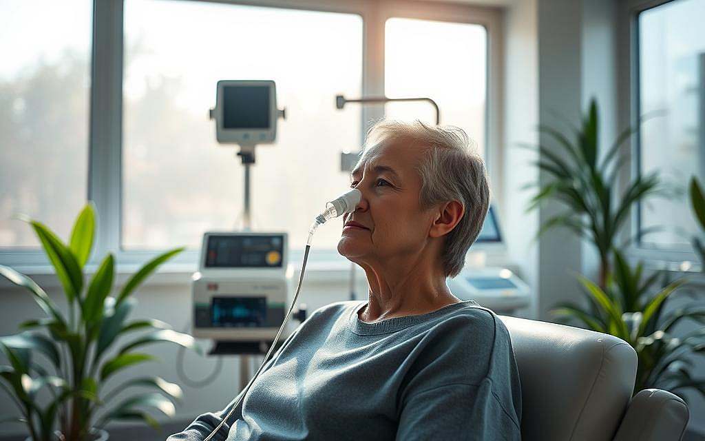 A tranquil medical setting, illuminated by soft, natural lighting that filters through large windows. In the foreground, a patient sits comfortably, their face serene as they receive oxygen therapy through a nasal cannula. The middle ground showcases state-of-the-art medical equipment, discreetly monitoring the patient's vital signs. In the background, soothing plant life and calming colors create a restorative atmosphere, conveying the therapeutic nature of this oxygen-enriched treatment for chronic pain management.