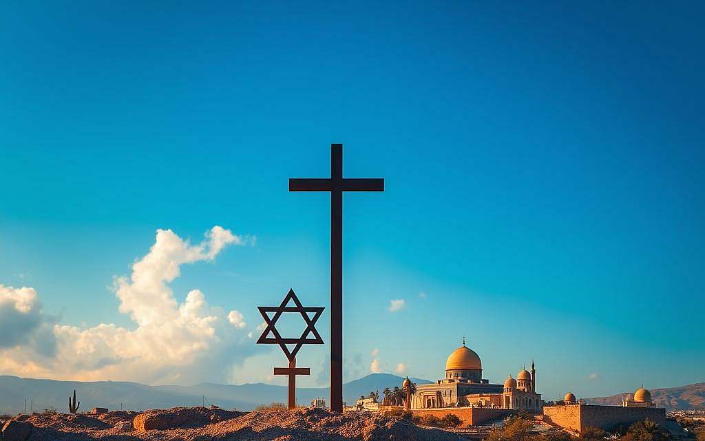 A tranquil scene depicting the interconnected values and ethical principles shared by the Abrahamic religions of Judaism, Christianity, and Islam. In the foreground, illuminated by warm, soft lighting, a trio of religious symbols - the Star of David, the Christian cross, and the crescent moon - stand in harmonious alignment. In the middle ground, wisps of clouds part to reveal a serene, sun-dappled landscape dotted with ancient architectural elements, hinting at the shared origins and historical connections between these faiths. The background features a boundless azure sky, conveying a sense of unity, contemplation, and the timeless nature of these spiritual traditions and their ethical frameworks.