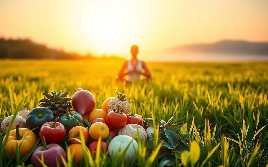 A tranquil scene of a lush, verdant meadow bathed in warm, golden sunlight. In the foreground, an assortment of vibrant, nutrient-rich fruits and vegetables, their vibrant colors and organic shapes suggesting the importance of a balanced, wholesome diet for joint health. In the middle ground, a serene figure sitting in a yoga pose, their posture and expression radiating a sense of calm and well-being. In the distance, a picturesque mountain range, hinting at the connection between physical and mental wellness. The overall atmosphere is one of harmony, serenity, and the restorative power of nature and mindful living.