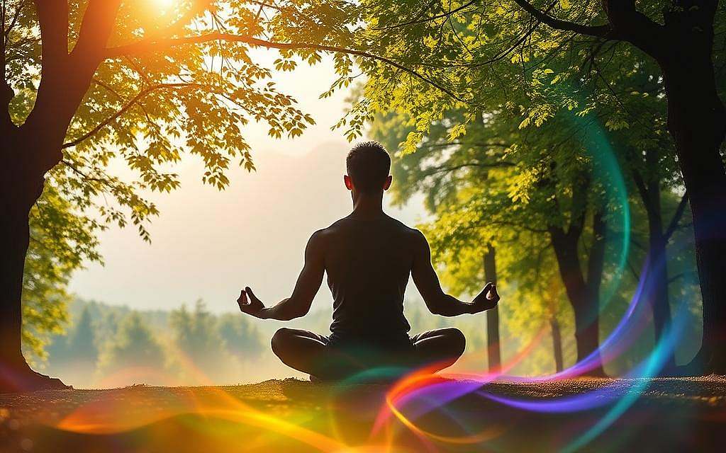 A tranquil scene of a person meditating in a serene forest, surrounded by vibrant colors and flowing energy. The figure sits cross-legged, hands resting on their lap, eyes closed in deep concentration. Soft, diffused lighting filters through the canopy of lush, verdant trees, casting a warm, introspective glow. Tendrils of colorful energy radiate outward, representing the visualization techniques used to process and release negative emotions. In the background, a misty mountain range provides a sense of depth and expansiveness, conveying the vastness of the inner journey. The overall atmosphere is one of calm, clarity, and the liberating power of the mind. A tranquil scene of a person meditating in a serene forest, surrounded by vibrant colors and flowing energy. The figure sits cross-legged, hands resting on their lap, eyes closed in deep concentration. Soft, diffused lighting filters through the canopy of lush, verdant trees, casting a warm, introspective glow. Tendrils of colorful energy radiate outward, representing the visualization techniques used to process and release negative emotions. In the background, a misty mountain range provides a sense of depth and expansiveness, conveying the vastness of the inner journey. The overall atmosphere is one of calm, clarity, and the liberating power of the mind.