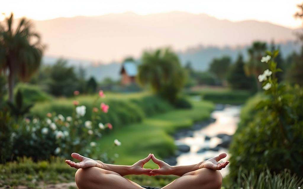 A tranquil scene of a person seated in a peaceful meditative pose, surrounded by a serene natural landscape. The foreground shows the individual's hands resting gently on their lap, their eyes closed in a focused expression. The middle ground depicts a lush, verdant garden with blooming flowers and a calm, gently flowing stream. The background features a mountainous horizon bathed in soft, warm lighting, creating a calming, introspective atmosphere. The image conveys a sense of mindfulness, inner stillness, and connection with the natural world - key elements of everyday mindfulness practices. A tranquil scene of a person seated in a peaceful meditative pose, surrounded by a serene natural landscape. The foreground shows the individual's hands resting gently on their lap, their eyes closed in a focused expression. The middle ground depicts a lush, verdant garden with blooming flowers and a calm, gently flowing stream. The background features a mountainous horizon bathed in soft, warm lighting, creating a calming, introspective atmosphere. The image conveys a sense of mindfulness, inner stillness, and connection with the natural world - key elements of everyday mindfulness practices.