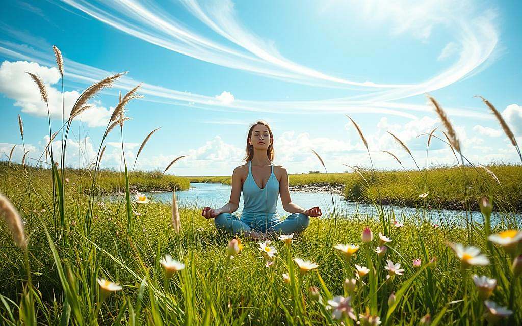 A tranquil, sun-dappled meadow, with tall grasses swaying gently in a soft breeze. In the center, a serene figure seated in a meditative pose, their eyes closed as they commune with the natural world. Surrounding them, delicate flowers in a palette of soft pastels bloom, radiating a sense of peace and inner calm. In the distance, a gently flowing stream reflects the azure sky, while wispy clouds drift overhead, casting dappled shadows across the scene. The lighting is soft and diffused, creating an atmosphere of quiet introspection and spiritual connection. The overall mood is one of balance, harmony, and the embrace of both the physical and the metaphysical realms. A tranquil, sun-dappled meadow, with tall grasses swaying gently in a soft breeze. In the center, a serene figure seated in a meditative pose, their eyes closed as they commune with the natural world. Surrounding them, delicate flowers in a palette of soft pastels bloom, radiating a sense of peace and inner calm. In the distance, a gently flowing stream reflects the azure sky, while wispy clouds drift overhead, casting dappled shadows across the scene. The lighting is soft and diffused, creating an atmosphere of quiet introspection and spiritual connection. The overall mood is one of balance, harmony, and the embrace of both the physical and the metaphysical realms.