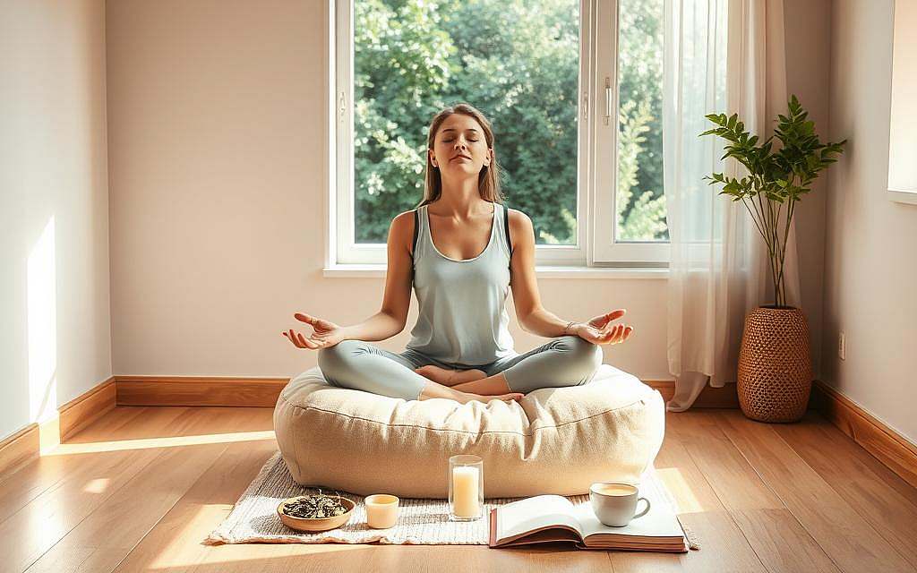 A tranquil, sun-drenched room with natural wooden floors and soft, neutral-toned walls. In the center, a young woman sits cross-legged on a plush, oversized floor cushion, her eyes closed in meditation. Nearby, an array of self-care items are neatly arranged: a small bowl of fragrant herbs, a lit candle, a journal, and a cup of herbal tea. The lighting is warm and diffused, creating a calming atmosphere. A window overlooking a lush garden allows gentle natural light to filter in, casting a serene glow throughout the space. The woman's expression is peaceful, her body language conveying a sense of inner balance and emotional restoration. A tranquil, sun-drenched room with natural wooden floors and soft, neutral-toned walls. In the center, a young woman sits cross-legged on a plush, oversized floor cushion, her eyes closed in meditation. Nearby, an array of self-care items are neatly arranged: a small bowl of fragrant herbs, a lit candle, a journal, and a cup of herbal tea. The lighting is warm and diffused, creating a calming atmosphere. A window overlooking a lush garden allows gentle natural light to filter in, casting a serene glow throughout the space. The woman's expression is peaceful, her body language conveying a sense of inner balance and emotional restoration.