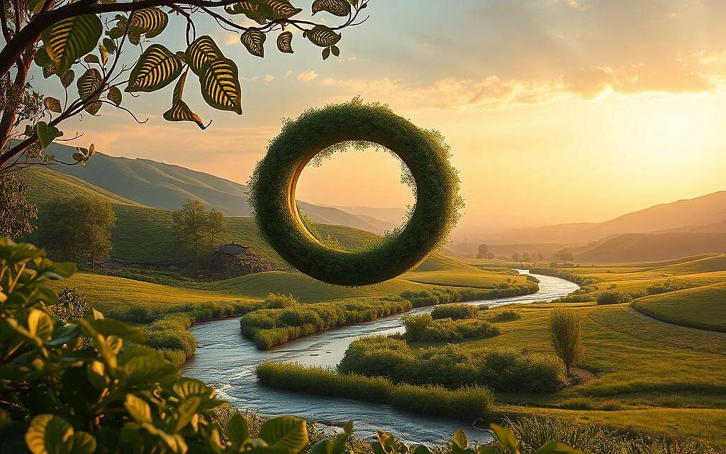A tranquil torus-shaped ecosystem suspended in a serene natural landscape. The foreground features lush, verdant vegetation with intricate patterns, hinting at the torus's harmonious design. The middle ground showcases a flowing river weaving through the landscape, its reflections mirroring the torus's elegant curves. In the background, rolling hills and a warm, golden-hued sky create a sense of balance and sustainability. Soft, diffused lighting illuminates the scene, emphasizing the organic textures and the torus's integration with its environment. The overall composition conveys a profound connection between the torus and the natural world, symbolizing a vision of eco-friendly systems and renewable energy.