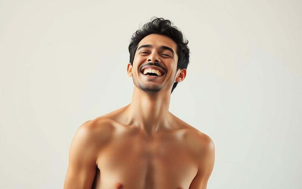 A tranquil, well-lit studio setting with a person laughing joyfully, their face radiating warmth and happiness. The figure is positioned in the foreground, their body language conveying a sense of ease and connection between the physical and mental realms. The background is softly blurred, creating a sense of focus on the central subject. Gentle, natural lighting from multiple angles highlights the subject's features, accentuating the synchronicity between their body and mind. The overall composition and mood evoke a harmonious, holistic view of the healing power of laughter.