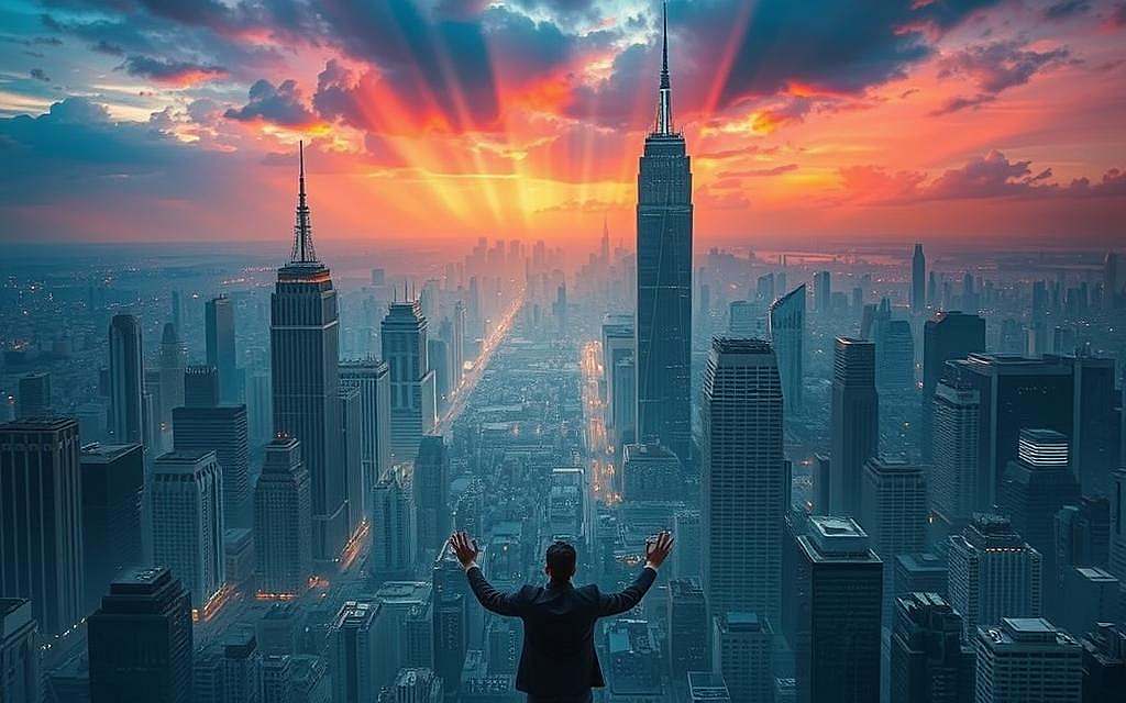 A vast and sprawling metropolis, towering skyscrapers reaching for the heavens, their facades a blend of glass and steel. In the foreground, a lone figure stands, hands outstretched, face obscured by shadows, as if grasping for power or control. The cityscape is bathed in an eerie, otherworldly glow, the sky a kaleidoscope of vibrant hues, hinting at both the promise and peril of a global governance. Rays of light pierce through the clouds, casting dramatic shadows and imbuing the scene with a sense of both hope and foreboding. The architecture is a harmonious blend of futuristic and classical elements, suggesting the tension between utopian ideals and dystopian realities. The scene evokes a sense of awe and unease, a visual representation of the fragile balance between the promise of a united world and the perils of unchecked power.
