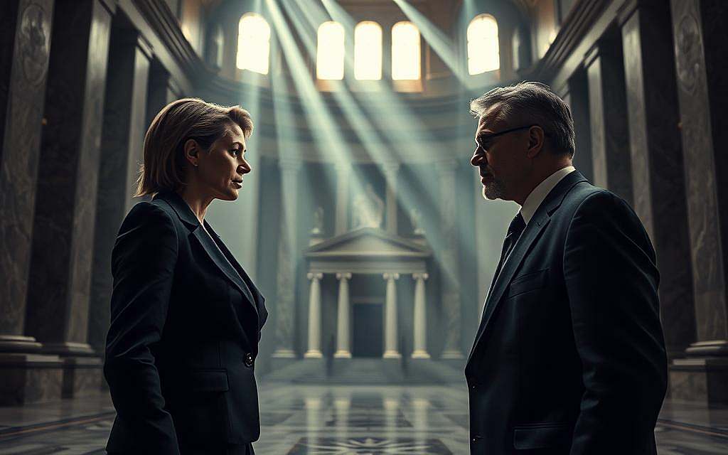 A vast marble hall, dimly lit, with a sense of weighty gravitas. In the foreground, two statuesque figures locked in a tense standoff - a woman in a stern power suit, and a man in a tailored suit, their faces etched with unspoken conflict. The background fades into a hazy, imposing government edifice, its grand columns and austere facade a symbol of the political arena where this gender divide plays out. Beams of light filter through high windows, casting dramatic shadows that underscore the gravity of the scene. The overall mood is one of charged, unresolved tension, reflecting the deep-seated societal issues at the heart of gender discrimination in politics.