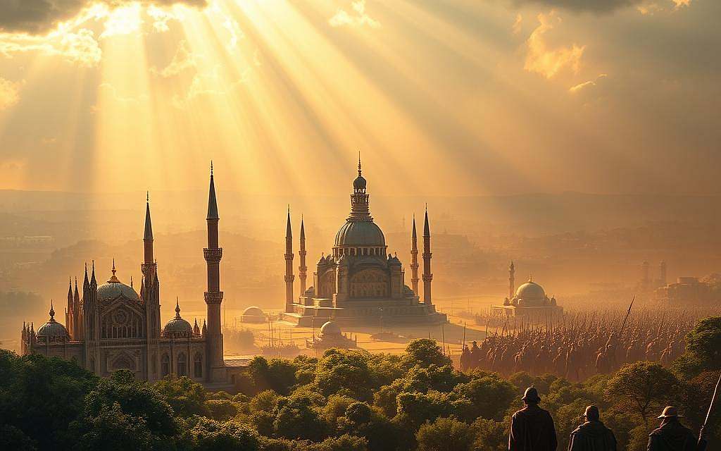 A vast, sweeping landscape where the forces of religion and conflict collide. In the foreground, a grand cathedral stands resolute, its soaring spires reaching skyward, while nearby a mosque's elegant minarets pierce the horizon. Between them, figures engaged in heated debate, the clash of beliefs etched upon their faces. In the middle ground, a temple's ornate facade peers out from amidst the verdant foliage, a symbol of ancient wisdom and tradition. The background blurs into a hazy, dreamlike realm, where the silhouettes of warring armies hint at the tumultuous history that has shaped this land. Beams of warm, golden light filter through the clouds, casting a contemplative, almost melancholic, glow over the entire scene. This is a world where the sacred and the profane intertwine, where the pursuit of faith and the pursuit of power collide, creating a tapestry of complex, unresolved tensions.