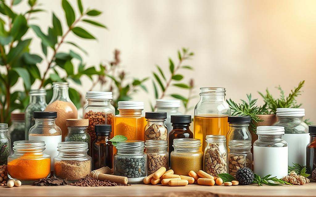 A vibrant and detailed still life image showcasing an assortment of natural supplements and herbs, set against a soft, diffused backdrop. In the foreground, an array of glass bottles and jars filled with colorful powders, tinctures, and capsules are arranged in a visually appealing composition. The middle ground features lush, leafy plants and botanicals, hinting at the organic origins of the supplements. The background is blurred, creating a sense of depth and focus on the main subject. The lighting is warm and natural, highlighting the textures and colors of the various supplements. The overall mood is one of health, wellness, and the potency of nature-derived remedies.