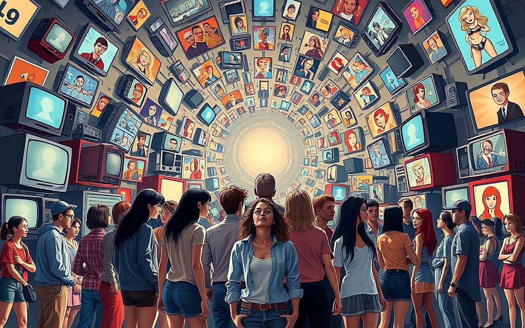 A vibrant and dynamic scene depicting the pervasive influence of gender stereotypes in media. In the foreground, a diverse group of individuals stand before a swirling vortex of various media platforms, including television, social media, and advertising. The figures are juxtaposed against a backdrop of exaggerated, cartoonish gender tropes, such as hyper-masculine heroes and hyper-feminine damsels. The lighting is harsh and unforgiving, casting sharp shadows that highlight the distortion and exaggeration of these stereotypes. The overall atmosphere is one of tension and unease, inviting the viewer to critically examine the ways in which media shapes and reinforces societal perceptions of gender.