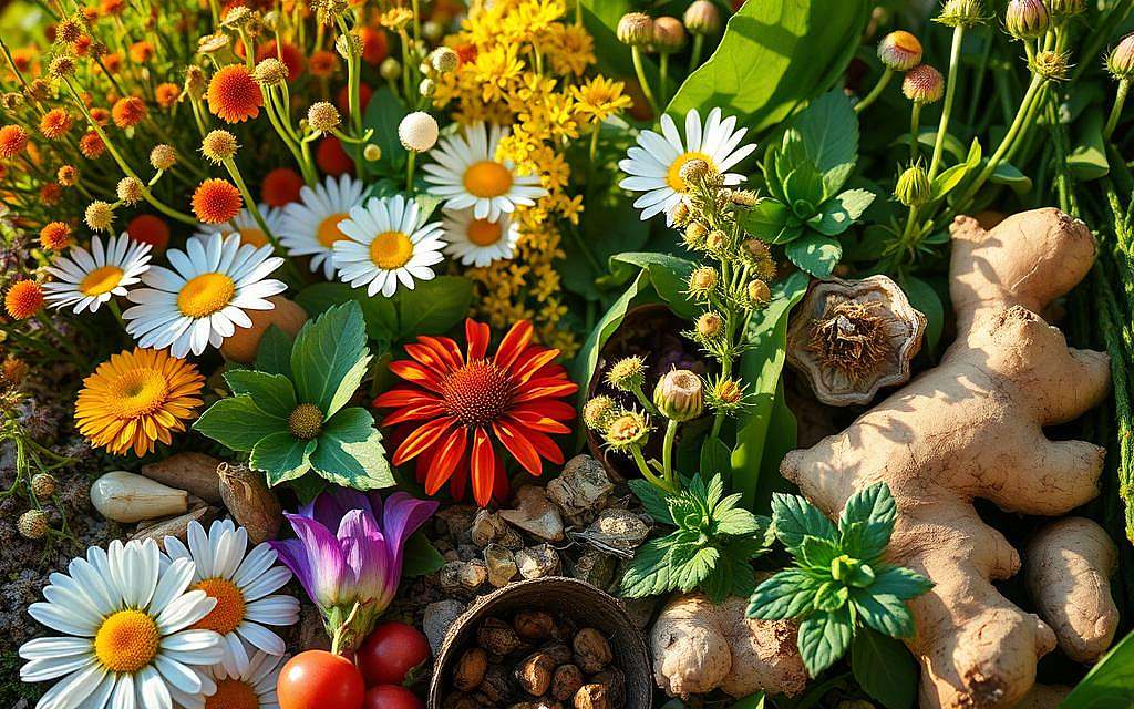 A vibrant, close-up photograph of an array of natural, organically-grown medicinal herbs and plants, including chamomile, echinacea, and ginger. The plants are arranged in a carefully curated composition, their vivid colors and textures creating a visually striking display. The image is bathed in warm, golden natural lighting, casting soft shadows and highlights that accentuate the intricate details of the botanicals. The overall mood is one of wellness, vitality, and the restorative power of nature. The composition is framed to fill the frame, creating a sense of abundance and the harmonious synergy between the OM24 supplement and the traditional herbal remedies that inspired its formulation. A vibrant, close-up photograph of an array of natural, organically-grown medicinal herbs and plants, including chamomile, echinacea, and ginger. The plants are arranged in a carefully curated composition, their vivid colors and textures creating a visually striking display. The image is bathed in warm, golden natural lighting, casting soft shadows and highlights that accentuate the intricate details of the botanicals. The overall mood is one of wellness, vitality, and the restorative power of nature. The composition is framed to fill the frame, creating a sense of abundance and the harmonious synergy between the OM24 supplement and the traditional herbal remedies that inspired its formulation.