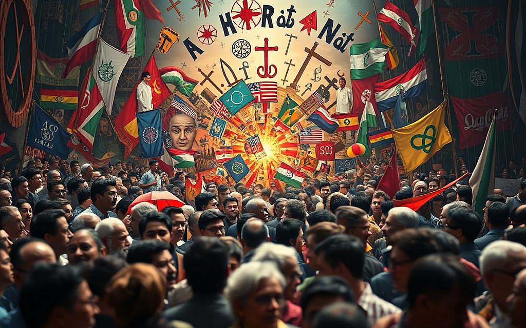 A vibrant cultural kaleidoscope, showcasing the diverse perspectives on cognitive dissonance. In the foreground, a crowd of individuals representing various ethnicities, ages, and belief systems, their expressions ranging from contemplation to conflict. The middle ground depicts a collision of contrasting symbols, philosophies, and worldviews, creating a visually striking tension. The background blends hues of tradition and modernity, reflecting the dynamic interplay between the familiar and the unfamiliar. Dramatic lighting casts shadows that accentuate the complexities and nuances of this cultural discourse. Soft, cinematic focus draws the viewer's attention to the heart of the scene, inviting contemplation on how our beliefs and realities can intersect, clash, and ultimately shape our understanding of the world.