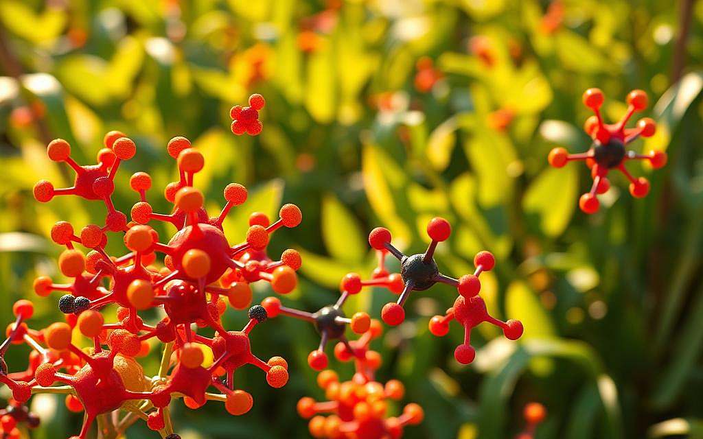A vibrant, detailed illustration of carotenoids, the essential plant pigments. In the foreground, a cluster of vibrant, intricate carotenoid molecules, their intricate structures and bold colors capturing the eye. In the middle ground, a lush, verdant plant backdrop, highlighting the natural abundance of these remarkable compounds. The lighting is warm and natural, casting a golden glow that accentuates the rich hues. The composition is balanced and visually striking, inviting the viewer to appreciate the essential role carotenoids play in the plant kingdom. The overall mood is one of scientific wonder and appreciation for the beauty of nature's chemical diversity.