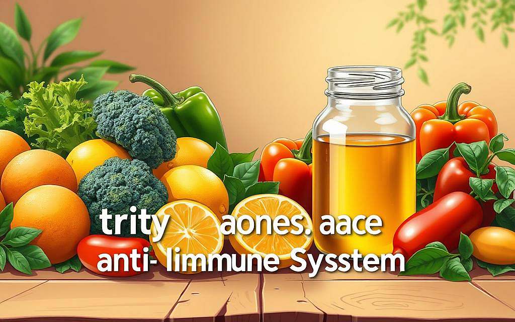 A vibrant, detailed illustration of "Nutrition and the Immune System". In the foreground, a variety of fresh, colorful fruits and vegetables - oranges, lemons, broccoli, spinach, and bell peppers - artfully arranged on a wooden table. In the middle ground, a glass jar filled with a golden, honey-like liquid, symbolizing the immune-boosting properties of natural remedies. In the background, a softly-lit, warm-toned setting, with subtle hints of greenery and natural textures, creating a serene, holistic atmosphere. The lighting is natural and diffused, gently highlighting the subject matter. The overall composition conveys a sense of balance, vitality, and the powerful connection between nourishing foods and a robust immune system.