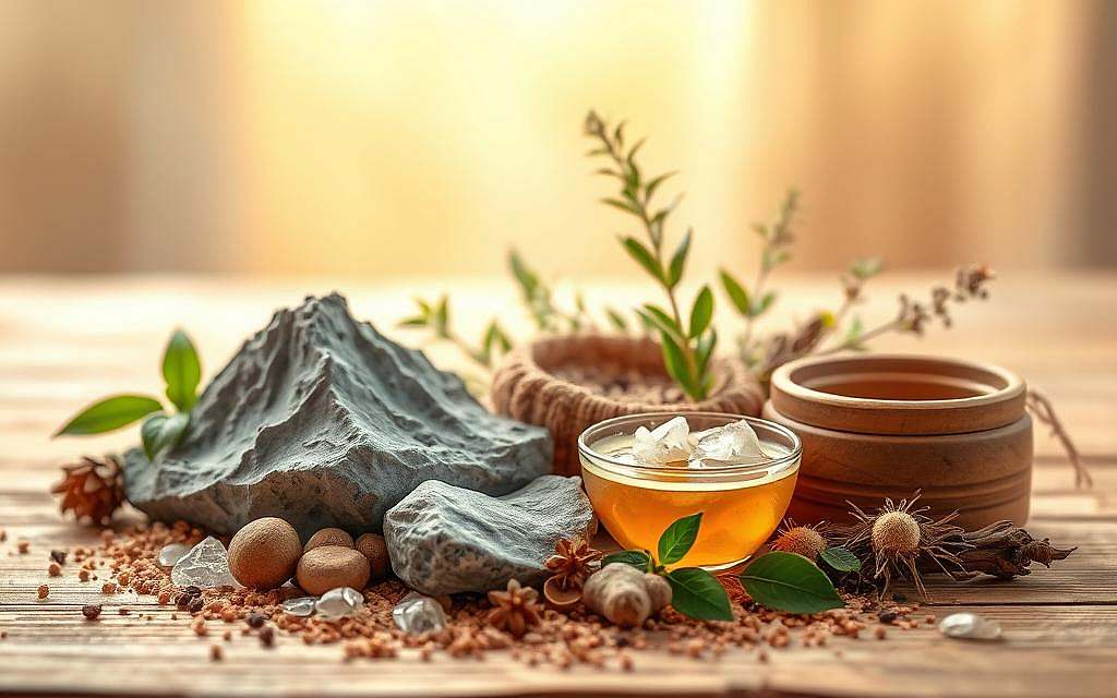 A vibrant, earthy-toned illustration depicting traditional holistic remedies for gut health. In the foreground, an array of natural elements - organic clay, crystalline zeolite, and soothing herbal infusions - are artfully arranged against a soft, blurred background. The lighting is warm and diffused, casting a serene, inviting atmosphere. The overall composition conveys a sense of balance, restoration, and the power of time-honored natural healing. The image seamlessly blends modern design sensibilities with ancient wellness traditions, perfectly capturing the essence of "Naturheilkunde für den Darm."