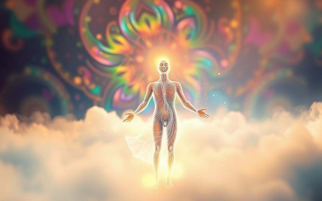 A vibrant, ethereal landscape of the spiritual dimension of laughter. In the foreground, a luminous, transparent figure embodying the essence of laughter, its form shifting and undulating with an inner glow. Behind it, a kaleidoscope of colorful, swirling energy, representing the transformative power of mirth. In the middle ground, a serene, cloud-like mist infused with specks of light, creating a sense of transcendence. The background features a subtly shifting, abstract pattern of shapes and hues, evoking the profound, mystical nature of this spiritual phenomenon. Warm, soft lighting casts a gentle, enveloping glow, while the overall composition conveys a sense of wonder, harmony, and the sublime.
