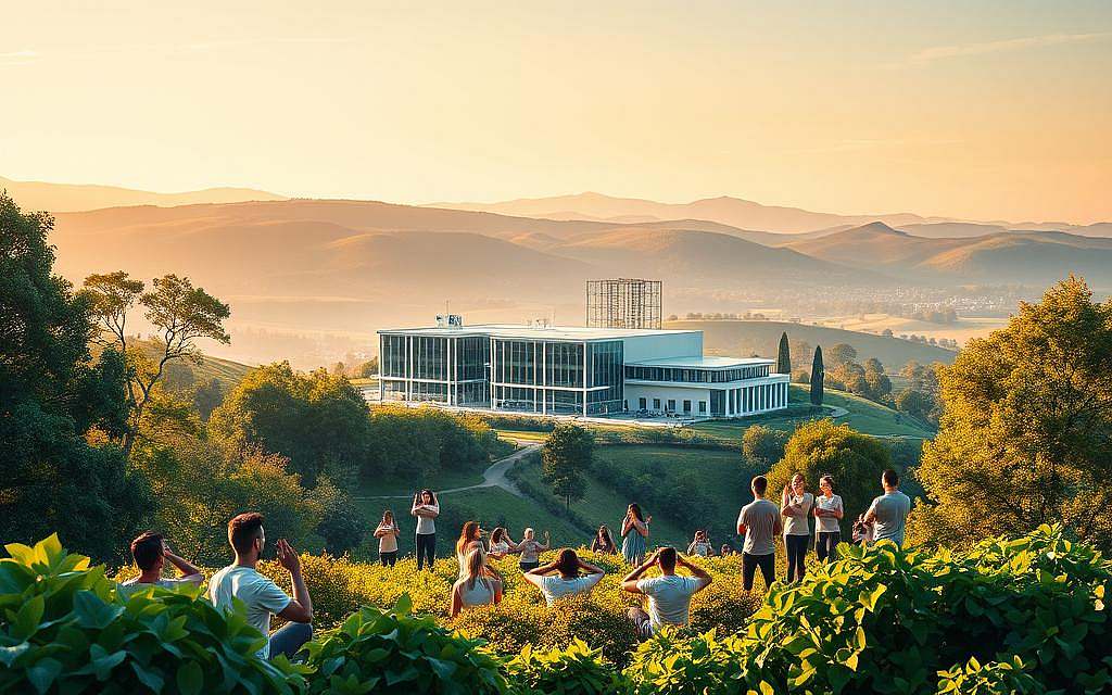 A vibrant, harmonious landscape illustrating the concept of "Prävention und Gesundheitsförderung". In the foreground, a diverse group of people engaged in various wellness activities - yoga, tai chi, meditation - surrounded by lush, verdant foliage. The middle ground features a modern, cutting-edge medical facility, its architecture blending seamlessly with the natural environment. In the background, rolling hills and a cloudless, azure sky, evoking a sense of balance, tranquility, and holistic well-being. Warm, diffused lighting casts a soft, serene glow over the entire scene, emphasizing the interconnectedness of prevention, healthcare, and the natural world. The overall composition conveys a vision of an integrated, preventative approach to pathology and medicine.