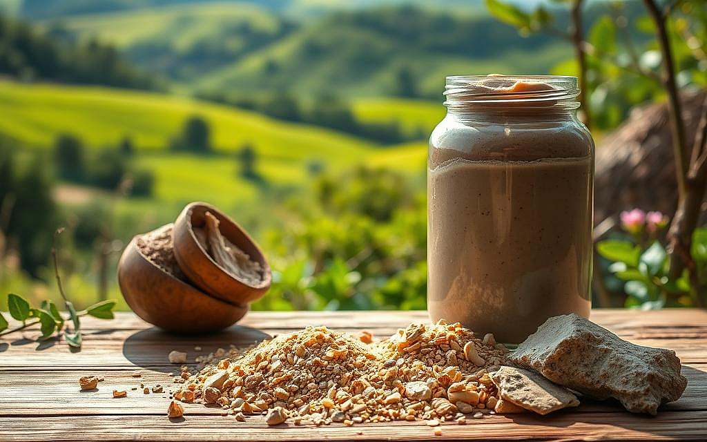 A vibrant, high-resolution image of a natural scene showcasing the power of bentonite, heilerde, and zeolith for improved gut health. In the foreground, an array of these mineral-rich earths spills out onto a wooden surface, their warm, earthy tones and textural details meticulously rendered. The middle ground features a glass jar filled with a soothing, clay-like substance, the sunlight filtering through it to create a soft, luminous effect. In the background, a lush, verdant landscape unfolds, with rolling hills and flourishing vegetation, conveying a sense of vitality and natural balance. The lighting is soft and diffused, creating an atmosphere of calm contemplation and the restorative properties of these ancient minerals.