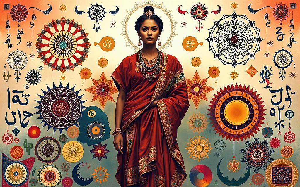 A vibrant mosaic of cultural symbols, seamlessly blending ancient traditions and modern identities. In the foreground, a central figure stands tall, embodying the essence of a rich heritage - intricate fabrics, ornate jewelry, and a serene expression that radiates inner strength. Surrounding this focal point, a tapestry of diverse elements unfolds - sacred mandalas, symbolic talismans, and fluid calligraphic strokes that dance across the canvas. The background is a dreamscape of shifting hues, from warm earthy tones to cool, ethereal gradients, creating a sense of timelessness and interconnectedness. Ethereal lighting casts a soft, reverent glow, imbuing the scene with a sense of timeless wonder and the resilience of cultural identity in the face of global change.