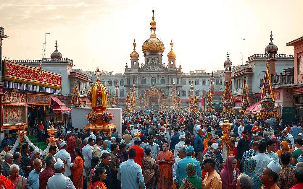 A vibrant, multi-layered scene of a religious festival in a bustling town square. In the foreground, people of diverse faiths gather in colorful traditional attire, engaged in prayer, procession, and joyful celebration. Intricate tapestries, ornate religious symbols, and fragrant offerings adorn the middle ground, creating an atmosphere of reverence and community. In the background, a grand, ornate place of worship stands tall, its spires and domes reflecting the soft, warm lighting of the setting sun, evoking a sense of timeless spirituality. The overall mood is one of harmony, shared devotion, and the interweaving of religious practices in the fabric of daily life.