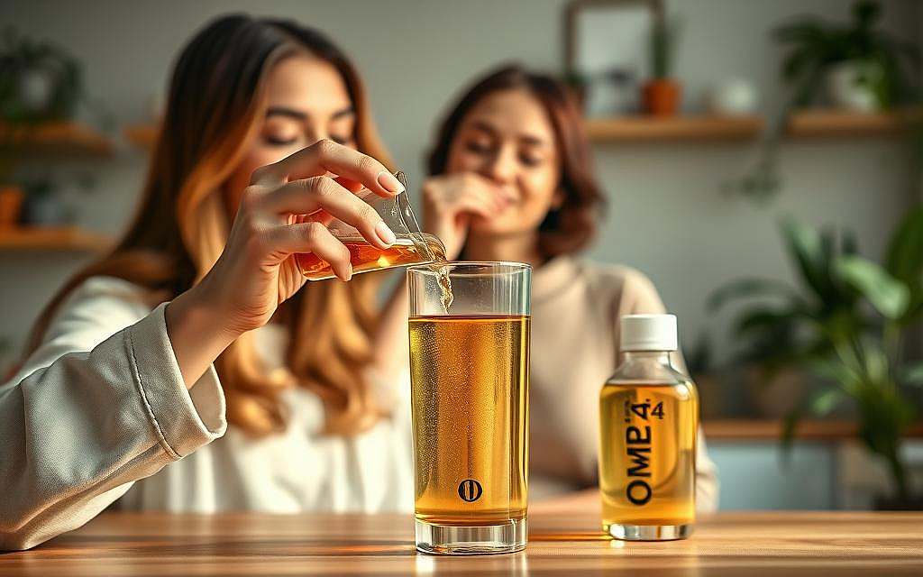 A vibrant, natural scene showcasing the practical applications of OM24 in everyday life. In the foreground, a woman's hands carefully measuring and mixing OM24 into a glass of water, its golden hue reflecting the warm, soothing lighting. In the middle ground, the woman raises the glass to her lips, taking a sip with a serene expression. The background depicts a cozy, modern kitchen, with minimalist decor and natural elements like potted plants, conveying a sense of balance and wellness. The overall atmosphere is one of calm, mindfulness, and the integration of OM24 into a holistic, healthy lifestyle. A vibrant, natural scene showcasing the practical applications of OM24 in everyday life. In the foreground, a woman's hands carefully measuring and mixing OM24 into a glass of water, its golden hue reflecting the warm, soothing lighting. In the middle ground, the woman raises the glass to her lips, taking a sip with a serene expression. The background depicts a cozy, modern kitchen, with minimalist decor and natural elements like potted plants, conveying a sense of balance and wellness. The overall atmosphere is one of calm, mindfulness, and the integration of OM24 into a holistic, healthy lifestyle.