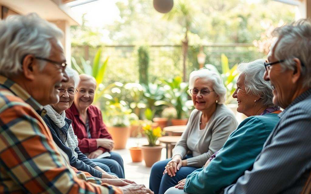 A vibrant scene of social connections in old age. In the foreground, a group of elderly people gathering for a lively conversation, their faces alight with warmth and camaraderie. The middle ground reveals a cozy community center, with comfortable seating arrangements and potted plants, creating a welcoming atmosphere. In the background, a sun-dappled garden provides a serene, natural backdrop, hinting at the importance of connecting with the outdoors. Soft, diffused lighting casts a gentle glow, emphasizing the sense of well-being and contentment. The overall composition conveys the vital role that social relationships play in enhancing the quality of life for the elderly.