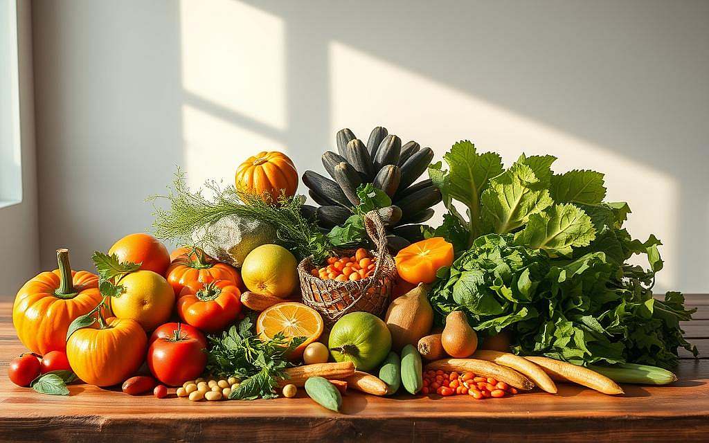 A vibrant still life composition showcasing an assortment of fresh, plant-based whole foods. Artfully arranged on a rustic wooden table, the scene features a variety of colorful fruits, vegetables, legumes, and leafy greens. Soft, warm lighting from a window casts gentle shadows, accentuating the natural textures and vibrant hues. The composition is balanced, with the produce occupying the foreground and middle ground, while a plain backdrop allows the food to be the central focus. The overall mood is one of health, vitality, and the nourishing power of plant-based nutrition.