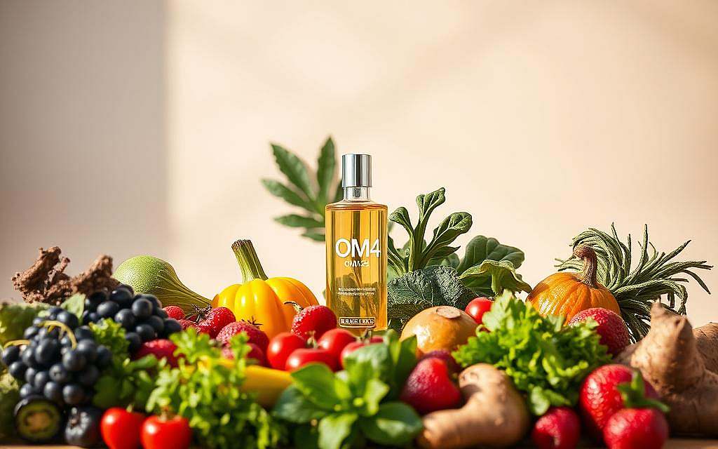 A vibrant still life showcasing the synergistic connection between nutrition and OM24, a powerful natural remedy. In the foreground, an array of fresh, vibrant produce - crisp greens, juicy berries, and earthy roots - arranged artfully against a neutral backdrop. In the middle ground, a sleek glass bottle of OM24 captures the essence of modern anti-aging wellness. Warm, natural lighting bathes the scene, evoking a sense of vitality and rejuvenation. The overall composition conveys the harmonious balance between wholesome, nourishing foods and the restorative properties of OM24, creating a visually compelling representation of the section's title, "Ernährung und OM24: Eine synergetische Verbindung für mehr Vitalität". A vibrant still life showcasing the synergistic connection between nutrition and OM24, a powerful natural remedy. In the foreground, an array of fresh, vibrant produce - crisp greens, juicy berries, and earthy roots - arranged artfully against a neutral backdrop. In the middle ground, a sleek glass bottle of OM24 captures the essence of modern anti-aging wellness. Warm, natural lighting bathes the scene, evoking a sense of vitality and rejuvenation. The overall composition conveys the harmonious balance between wholesome, nourishing foods and the restorative properties of OM24, creating a visually compelling representation of the section's title, "Ernährung und OM24: Eine synergetische Verbindung für mehr Vitalität".