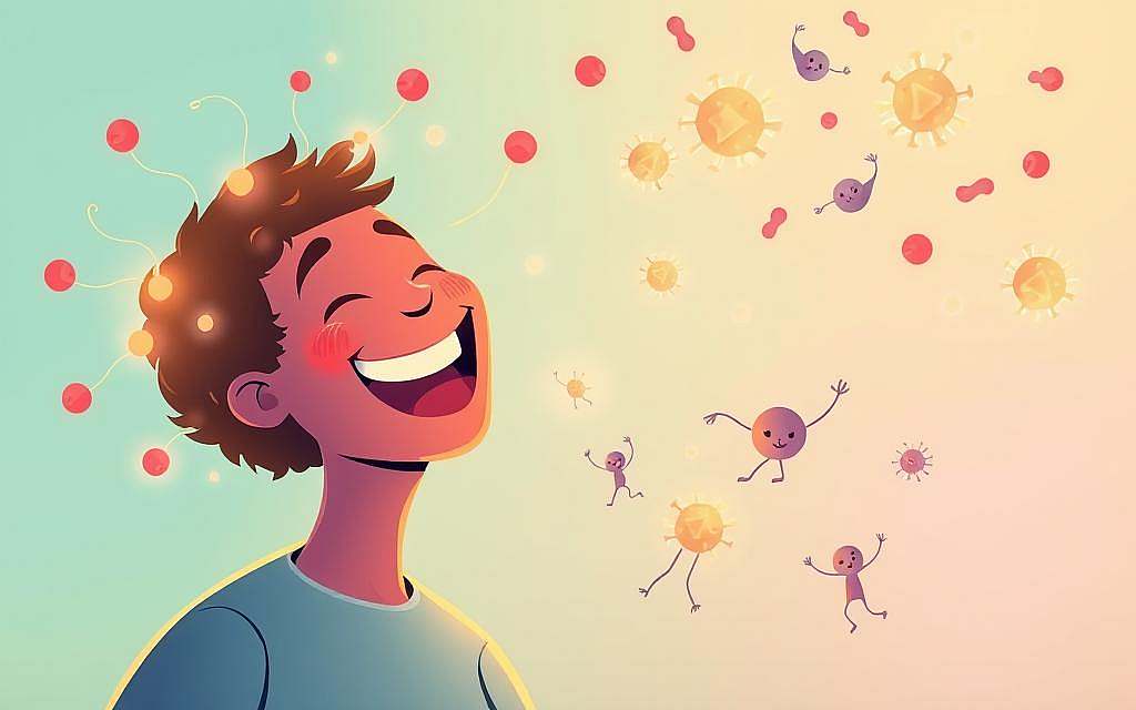 A vibrant, whimsical illustration depicting the powerful connection between laughter and the immune system. In the foreground, a person is shown laughing joyfully, their face alight with mirth. Surrounding them, glowing tendrils of energy and warmth radiate outward, representing the positive effects of laughter on the body's natural defenses. In the middle ground, subtle visual metaphors illustrate the process, with tiny white blood cells and lymphocytes dancing and interacting in a harmonious, invigorated manner. The background is a soft, soothing palette of blues and greens, creating a calming, introspective atmosphere that complements the central subject. The overall composition conveys the restorative, uplifting power of laughter as a conduit for improved immune function and holistic well-being.