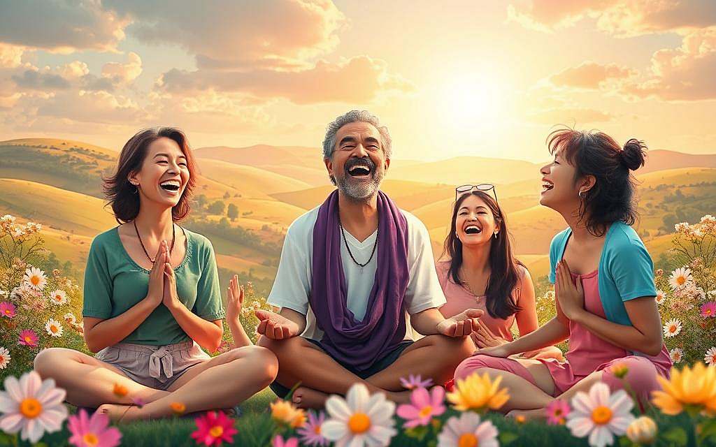 A vibrant, whimsical scene showcasing the healing power of laughter. In the foreground, a group of people engaged in various alternative wellness practices - meditation, yoga, acupuncture - all with joyful, beaming expressions. The middle ground features a central figure, perhaps a healer or shaman, leading the group in a hearty, contagious laughter. The background depicts a serene, nature-inspired setting - rolling hills, blooming flowers, a calming sky - bathed in warm, soft lighting that imbues the scene with a sense of tranquility and well-being. The overall composition conveys a harmonious balance between the physical, mental, and spiritual aspects of health and healing.