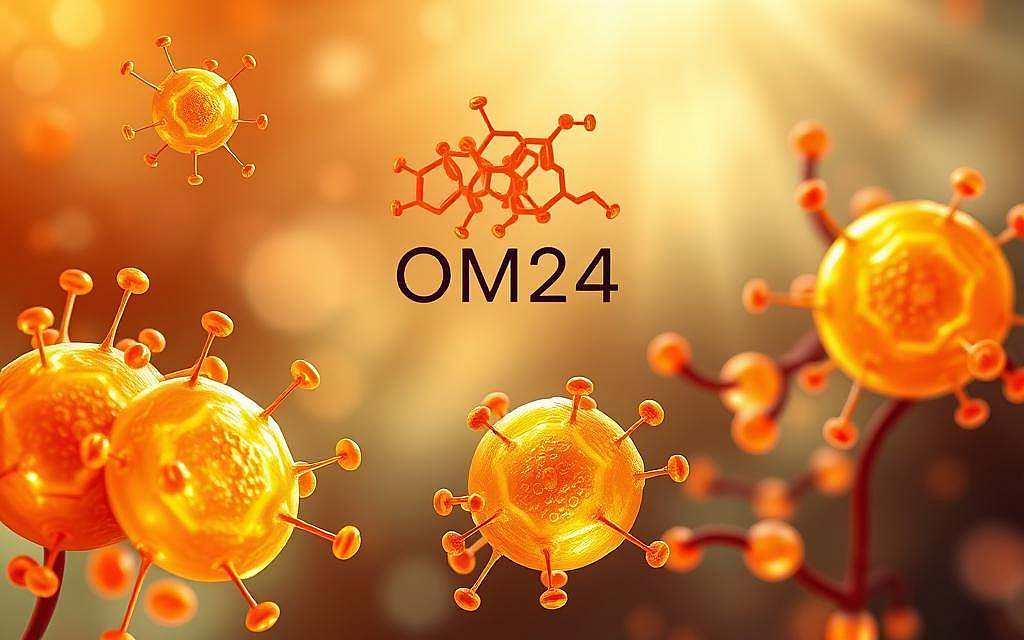 A vibrantly colored illustration showcasing the antioxidant properties of OM24 for cellular health. In the foreground, a cluster of glowing, transparent cells pulsing with radiant energy. Surrounding them, an intricate network of antioxidant compounds in shades of warm amber, crimson, and gold, interacting with the cells in a mesmerizing dance. In the middle ground, a stylized representation of the molecular structure of OM24, its complex yet elegant form hinting at its potent restorative qualities. The background features a serene, nature-inspired palette, with soft gradients evoking a sense of balance and harmony. Subtle lighting casts a gentle, diffused glow, emphasizing the therapeutic power of this natural remedy. A vibrantly colored illustration showcasing the antioxidant properties of OM24 for cellular health. In the foreground, a cluster of glowing, transparent cells pulsing with radiant energy. Surrounding them, an intricate network of antioxidant compounds in shades of warm amber, crimson, and gold, interacting with the cells in a mesmerizing dance. In the middle ground, a stylized representation of the molecular structure of OM24, its complex yet elegant form hinting at its potent restorative qualities. The background features a serene, nature-inspired palette, with soft gradients evoking a sense of balance and harmony. Subtle lighting casts a gentle, diffused glow, emphasizing the therapeutic power of this natural remedy.