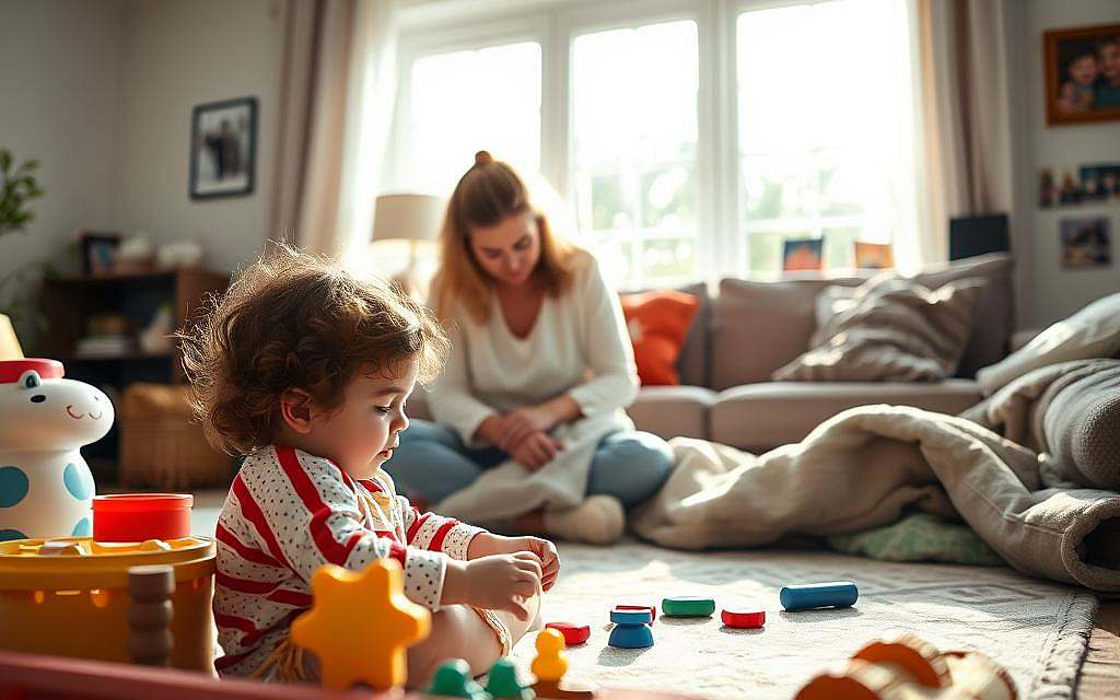 A warm, inviting family home, with a loving mother embracing her autistic child. Soft, natural lighting filters through large windows, casting a peaceful glow. In the foreground, the child is immersed in a sensory-rich play area, surrounded by therapeutic toys and weighted blankets. In the middle ground, the mother sits patiently, offering guidance and encouragement. The background showcases a cozy living room, with family photos and autism awareness materials visible, conveying a sense of community and support. The overall atmosphere is one of understanding, comfort, and the nurturing care essential for families navigating the challenges of autism.