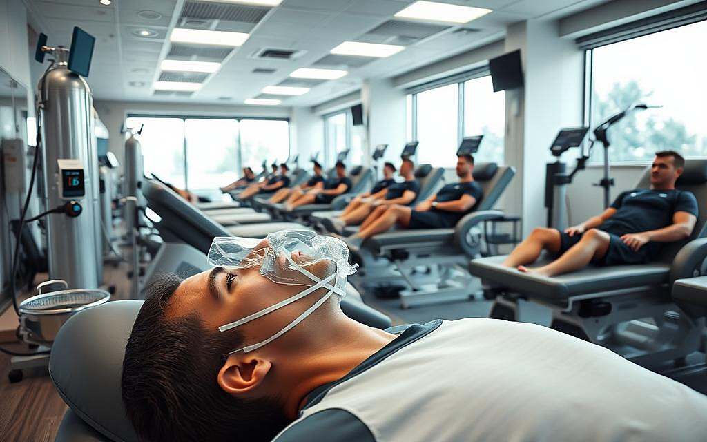 A well-equipped sports medicine clinic, with athletes undergoing oxygen therapy. In the foreground, a patient reclines on a treatment bed, a clear oxygen mask covering their face. Nearby, medical equipment such as oxygen tanks and monitoring devices are visible. The middle ground shows other patients receiving similar treatments, while the background depicts the clinic's modern, clean interior design, with large windows allowing natural light to flood the space. The scene conveys a sense of clinical professionalism and therapeutic focus, highlighting the role of oxygen therapy in sports medicine.