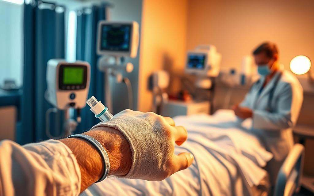 A well-lit medical scene depicting oxygen therapy aiding wound healing. In the foreground, a close-up of a bandaged hand receiving oxygen through a nasal cannula. The middle ground shows a doctor carefully monitoring the patient's vitals on a nearby medical device. The background features a clean, sterile hospital room with medical equipment and supplies. The lighting is warm and natural, conveying a sense of care and healing. The overall mood is calm, professional, and focused on the restorative power of oxygen therapy.