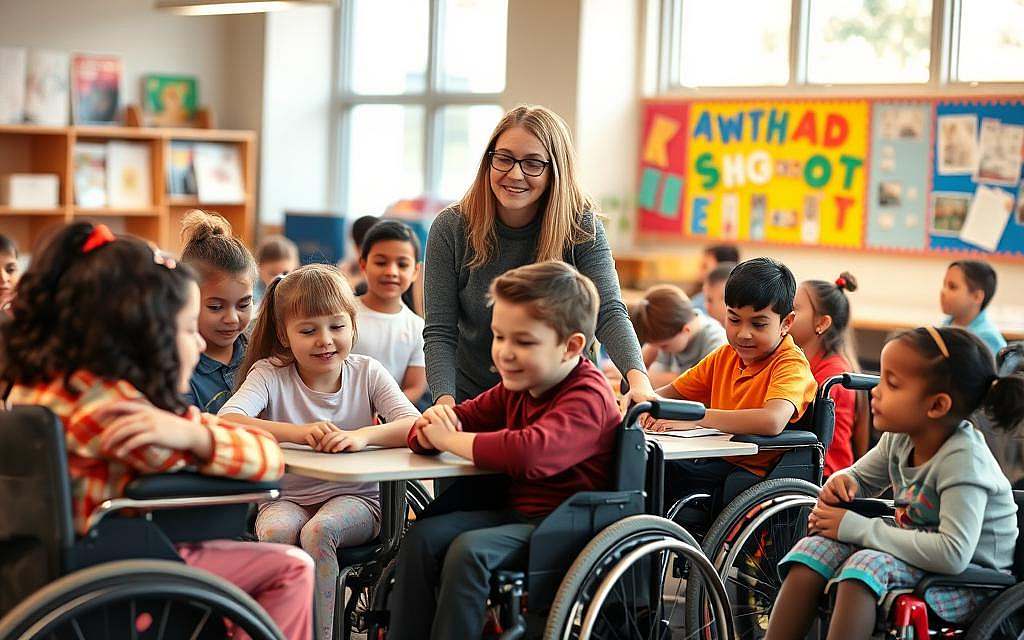 An inclusive educational environment, with diverse students of varying abilities and backgrounds, engaged in collaborative learning. A warm, inviting classroom setting with natural lighting filtering through large windows, creating a sense of openness and acceptance. In the foreground, a group of students, some in wheelchairs, others with assistive devices, working together on a project, their faces expressing enthusiasm and a sense of belonging. In the middle ground, a teacher moving among the students, offering guidance and encouragement, a gentle smile on their face. The background depicts colorful wall displays, showcasing the students' artwork and achievements, celebrating the diversity and unique talents within the classroom.