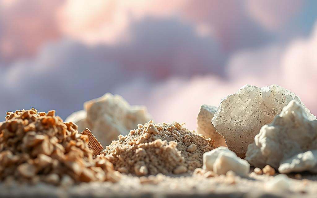 Detailed close-up of various natural healing minerals arranged in the foreground, including crumbled brown bentonite clay, beige kaolin clay, and gray zeolite crystals. Soft focus background with hazy, ethereal clouds in pastel shades of pink, blue, and lavender, creating a mystical, meditative atmosphere. Dramatic side lighting casts long shadows, accentuating the textures and forms of the minerals. Subtle vignette effect to draw the eye inward. High-resolution, photorealistic quality, 8K.