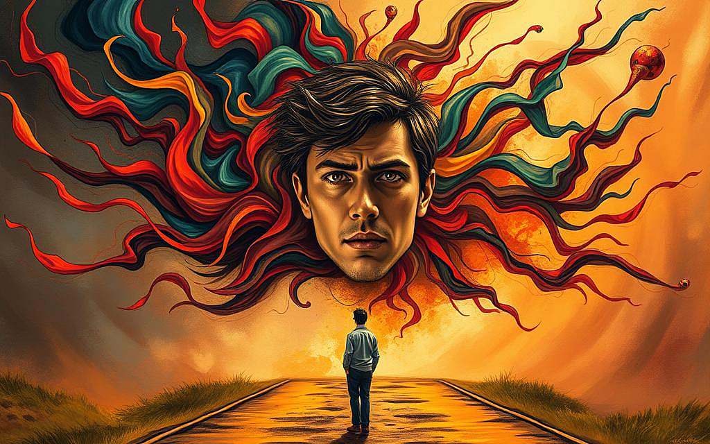 Detailed scene depicting the interplay between emotions and decision-making. A person stands at a crossroads, faced with two diverging paths. Their expression is one of deep contemplation, brow furrowed as they grapple with the weight of their choice. Swirling around them are abstract representations of emotions - vibrant colors, flowing lines, and amorphous shapes that convey the turbulent inner landscape guiding their decision. The foreground is sharply focused, while the background fades into a hazy, dreamlike realm, emphasizing the subjective, psychological nature of the moment. Warm, dramatic lighting casts dramatic shadows, adding depth and a sense of dramatic tension. The overall mood is one of thoughtful introspection, the viewer invited to empathize with the character's struggle to reconcile heart and mind. Detailed scene depicting the interplay between emotions and decision-making. A person stands at a crossroads, faced with two diverging paths. Their expression is one of deep contemplation, brow furrowed as they grapple with the weight of their choice. Swirling around them are abstract representations of emotions - vibrant colors, flowing lines, and amorphous shapes that convey the turbulent inner landscape guiding their decision. The foreground is sharply focused, while the background fades into a hazy, dreamlike realm, emphasizing the subjective, psychological nature of the moment. Warm, dramatic lighting casts dramatic shadows, adding depth and a sense of dramatic tension. The overall mood is one of thoughtful introspection, the viewer invited to empathize with the character's struggle to reconcile heart and mind.