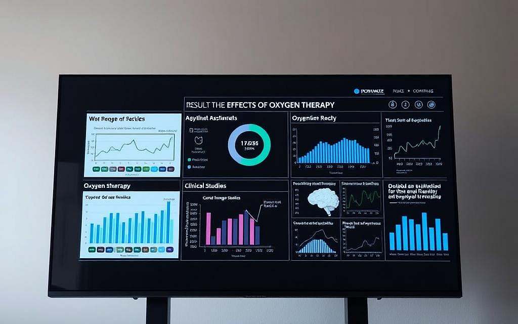 Detailed scientific research results on the effects of oxygen therapy, displayed on a modern digital display or dashboard. The screen shows various graphs, charts, and data visualizations highlighting the key findings from clinical studies, with clean typography and a sleek, minimalist aesthetic. The background is a serene, muted color palette, creating a sense of authority and professionalism. Careful lighting and camera angles emphasize the precision and sophistication of the scientific information presented, conveying the rigor and credibility of the research.