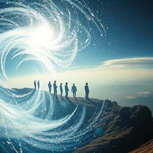 Dramatic and ethereal landscape depicting the interplay between quantum mechanics and reality. In the foreground, a swirling vortex of energy represents the quantum realm, with shimmering particles and waves dancing across the frame. In the middle ground, a series of semi-transparent, ghostly figures symbolize the observer and the act of measurement, blurring the line between the observer and the observed. In the distant background, a vast, otherworldly landscape unfolds, hinting at the deeper mysteries of the universe. Soft, atmospheric lighting casts an otherworldly glow, while a slightly fisheye lens distorts the scene, creating a sense of depth and immersion. The overall mood is one of wonder, discovery, and the profound questions at the heart of quantum physics and the nature of reality.