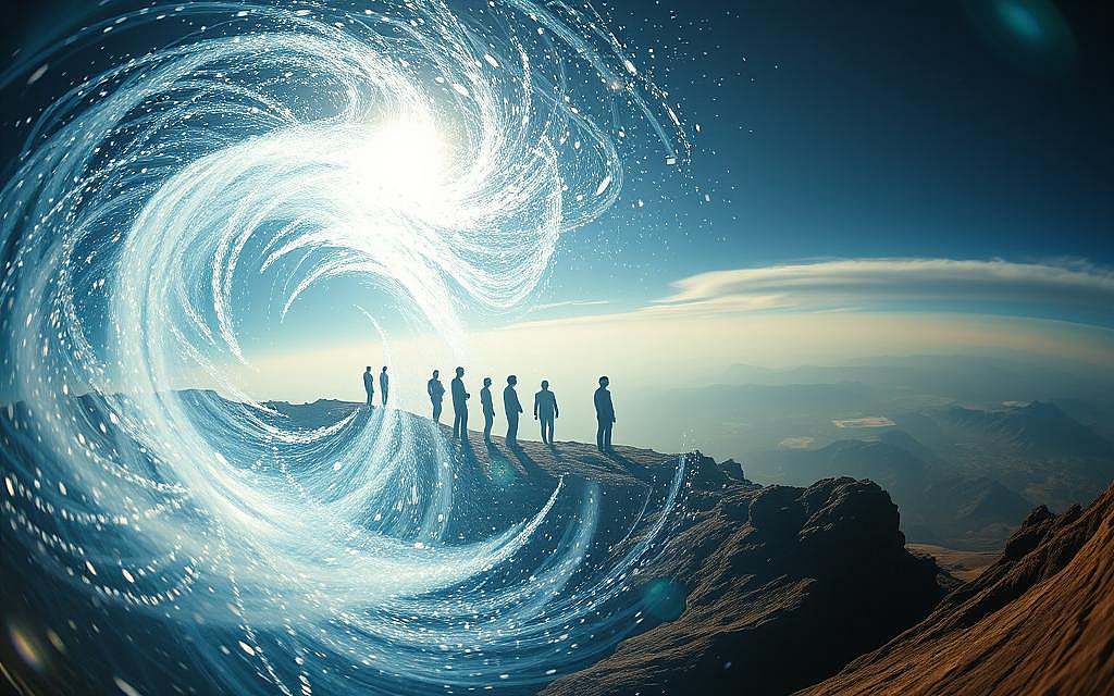 Dramatic and ethereal landscape depicting the interplay between quantum mechanics and reality. In the foreground, a swirling vortex of energy represents the quantum realm, with shimmering particles and waves dancing across the frame. In the middle ground, a series of semi-transparent, ghostly figures symbolize the observer and the act of measurement, blurring the line between the observer and the observed. In the distant background, a vast, otherworldly landscape unfolds, hinting at the deeper mysteries of the universe. Soft, atmospheric lighting casts an otherworldly glow, while a slightly fisheye lens distorts the scene, creating a sense of depth and immersion. The overall mood is one of wonder, discovery, and the profound questions at the heart of quantum physics and the nature of reality.