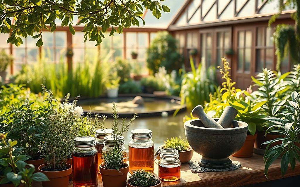 Elegant herbal apothecary in a sunlit, tranquil garden setting. Foreground features an array of potted medicinal plants, jars of tinctures, and a mortar and pestle. Mid-ground shows a serene pond surrounded by lush greenery. Background depicts a rustic, wooden greenhouse with natural light filtering through. Soft, warm tones create a calming, restorative atmosphere. The scene evokes a sense of holistic healing and balance, reflecting the principles of complementary medicine.