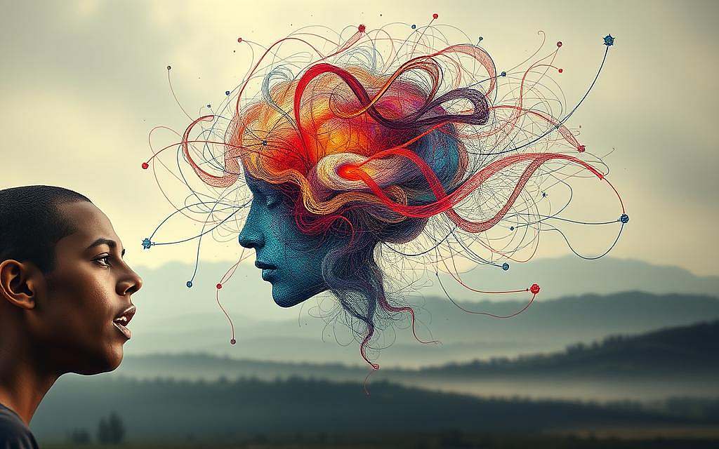 Emotionen und psychische Gesundheit: A vibrant, expressive scene depicting the intricate connection between emotions and mental well-being. In the foreground, a figure appears to be in a reflective, contemplative state, their face a canvas of nuanced expressions. The middle ground features a swirling, abstract representation of the human mind, with threads of color and energy intertwining to symbolize the complex interplay of thoughts and feelings. The background is a serene, muted landscape, hinting at the calming influence of nature and the importance of balance in mental health. The lighting is soft and diffused, creating a sense of introspection and understanding. The overall composition conveys the delicate, ever-evolving nature of our emotional experiences and their profound impact on our psychological well-being. Emotionen und psychische Gesundheit: A vibrant, expressive scene depicting the intricate connection between emotions and mental well-being. In the foreground, a figure appears to be in a reflective, contemplative state, their face a canvas of nuanced expressions. The middle ground features a swirling, abstract representation of the human mind, with threads of color and energy intertwining to symbolize the complex interplay of thoughts and feelings. The background is a serene, muted landscape, hinting at the calming influence of nature and the importance of balance in mental health. The lighting is soft and diffused, creating a sense of introspection and understanding. The overall composition conveys the delicate, ever-evolving nature of our emotional experiences and their profound impact on our psychological well-being.