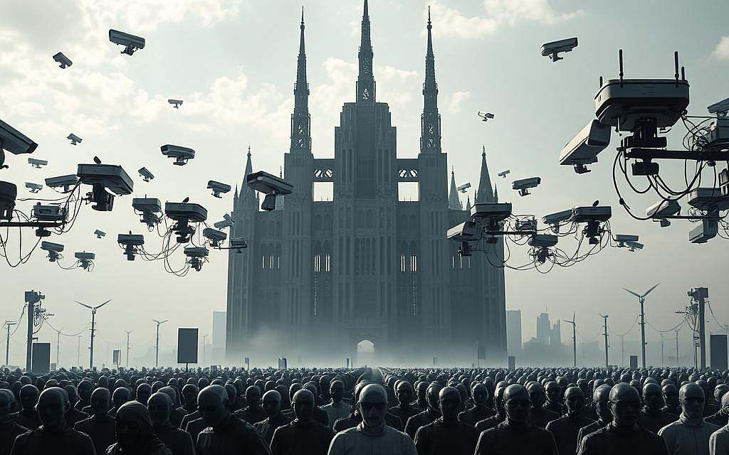 Imposing structure of a dystopian surveillance state, with towering spires and an ominous, foreboding atmosphere. In the foreground, a vast array of security cameras and monitoring devices oversee the populace, casting an oppressive shadow. The middle ground features a sea of faceless, robotic figures, stripped of individuality and autonomy. In the distant background, a bleak, monochromatic skyline hints at the loss of personal freedom and the triumph of a totalitarian control system. Harsh, directional lighting casts deep, unsettling shadows, conveying a sense of unease and unrelenting scrutiny. The entire scene exudes a palpable sense of dread and the erosion of civil liberties, capturing the essence of an Überwachungsgesellschaft.