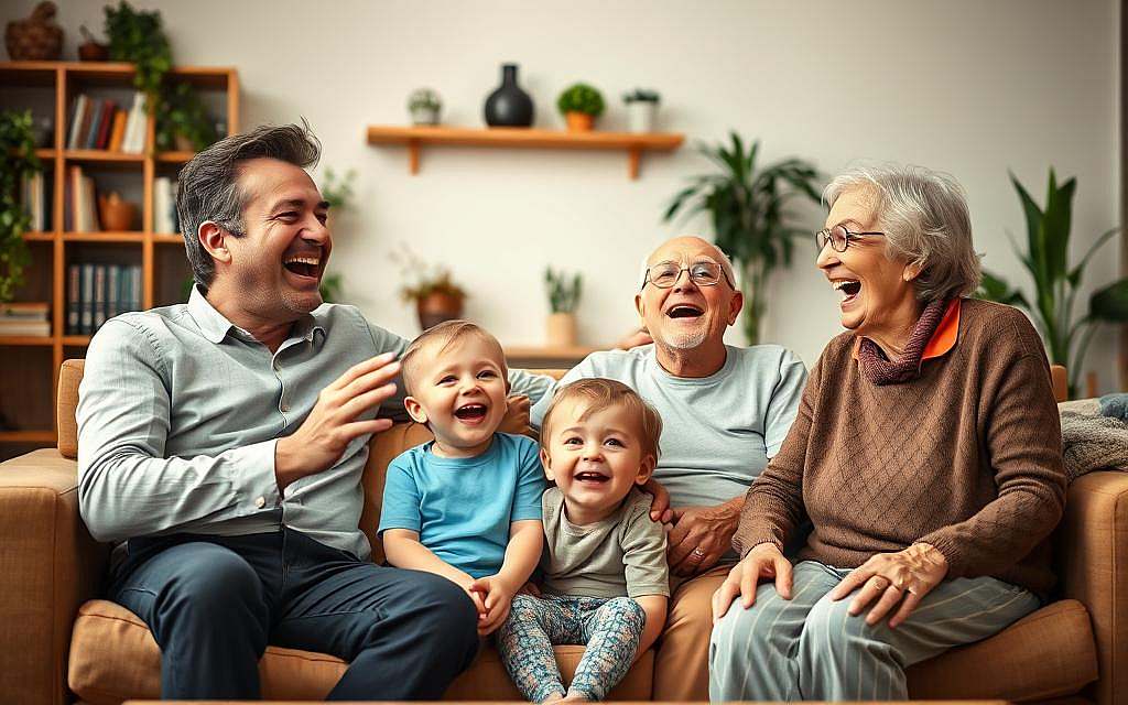 Lively, vibrant image of a cozy living room setting with a family engaged in a series of laughing exercises. In the foreground, a middle-aged couple sits on a comfortable sofa, their faces alight with genuine, contagious laughter. The husband gestures animatedly, while the wife throws her head back, eyes crinkled in delight. In the middle ground, a young child and elderly grandparent sit on the floor, mirroring the couple's joyful expressions as they participate in the laughter routine. Warm, diffused lighting floods the scene, creating a welcoming, therapeutic atmosphere. The background features a bookshelf, potted plants, and other homely accents, suggesting a cozy, private setting perfect for these 'Lachübungen für zu Hause' - laughter exercises to be practiced in the comfort of one's own home.