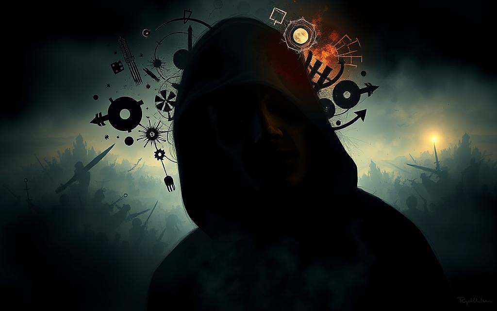 Psychologie der Geschlechterfeindlichkeit A striking digital painting showcasing the psychological underpinnings of misogyny and misandry. In the foreground, a brooding figure shrouded in shadows, their face obscured by a mask of resentment. Swirling around them, abstract shapes and symbols representing deep-seated biases, internalized prejudices, and the societal forces that perpetuate gender-based hostility. The middle ground is a hazy, turbulent landscape, filled with warring factions, clashing ideologies, and the remnants of broken dialogues. In the distance, a glimmer of hope - a faint light shining through the gloom, hinting at the possibility of understanding, empathy, and reconciliation. Dramatic chiaroscuro lighting casts the scene in an uneasy, introspective mood, inviting the viewer to ponder the complex psychological drivers behind this pervasive social issue.