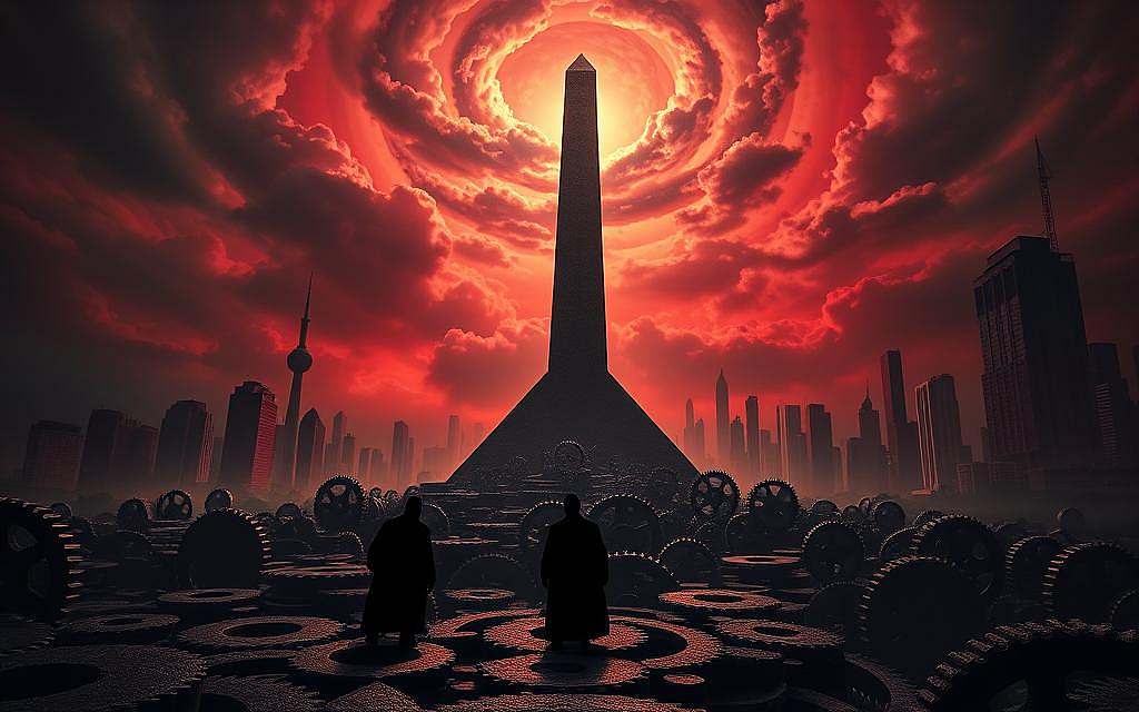 Surreal landscape depicting the concept of the New World Order. In the foreground, a towering obelisk-like structure symbolizing authoritarian power and global control, its apex obscured by swirling clouds. Surrounding it, a maze of interconnected gears and cogs, representing the complex, interlocking systems of the proposed global governance. In the middle ground, shadowy figures in dark robes move through the scene, hinting at the secretive nature of the machinations. The background is a dimly lit, dystopian cityscape, with skyscrapers casting long shadows and a ominous, crimson sky overhead, creating a foreboding atmosphere. Cinematic lighting and a low camera angle emphasize the imposing, overwhelming scale of the New World Order concept. The image conveys a sense of unease, power imbalance, and the erosion of individual liberties.