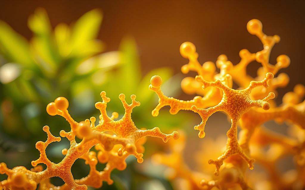 A captivating macro close-up of vibrant, golden-hued beta-glucan molecules, their intricate molecular structures shimmering under warm, diffused lighting. The foreground showcases the detailed, branching patterns of these potent phytochemicals, while the middle ground features lush, verdant herbal elements in soft focus, hinting at their natural botanical origin. The background blends seamlessly into a soothing, earthy-toned ambiance, conveying the holistic, therapeutic essence of beta-glucans in phytotherapy. Captured through a high-resolution lens, this image exudes a sense of natural potency and vitality, perfectly encapsulating the subject matter. A captivating macro close-up of vibrant, golden-hued beta-glucan molecules, their intricate molecular structures shimmering under warm, diffused lighting. The foreground showcases the detailed, branching patterns of these potent phytochemicals, while the middle ground features lush, verdant herbal elements in soft focus, hinting at their natural botanical origin. The background blends seamlessly into a soothing, earthy-toned ambiance, conveying the holistic, therapeutic essence of beta-glucans in phytotherapy. Captured through a high-resolution lens, this image exudes a sense of natural potency and vitality, perfectly encapsulating the subject matter.