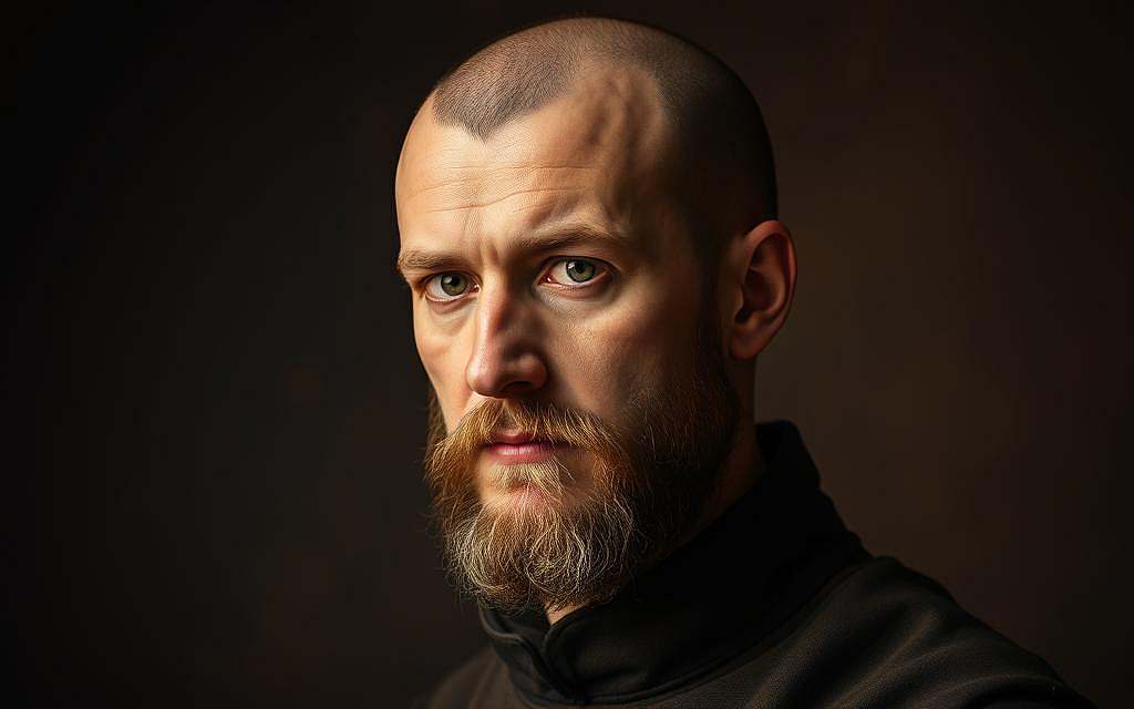 A contemplative portrait of Thomas von Aquin, the renowned medieval philosopher and theologian. Set against a dimly lit, atmospheric background, he is depicted in a three-quarter view, his penetrating gaze fixed intently, as if deeply engaged in profound contemplation. His clerical robes and distinctive tonsure mark him as a learned scholar of the Church. Warm, directional lighting accentuates the planes of his face, imbuing the scene with a sense of reverence and intellectual gravity. The composition evokes a mood of pensive introspection, befitting Aquin's role as a seminal figure who sought to reconcile faith and reason during the High Middle Ages. A contemplative portrait of Thomas von Aquin, the renowned medieval philosopher and theologian. Set against a dimly lit, atmospheric background, he is depicted in a three-quarter view, his penetrating gaze fixed intently, as if deeply engaged in profound contemplation. His clerical robes and distinctive tonsure mark him as a learned scholar of the Church. Warm, directional lighting accentuates the planes of his face, imbuing the scene with a sense of reverence and intellectual gravity. The composition evokes a mood of pensive introspection, befitting Aquin's role as a seminal figure who sought to reconcile faith and reason during the High Middle Ages.