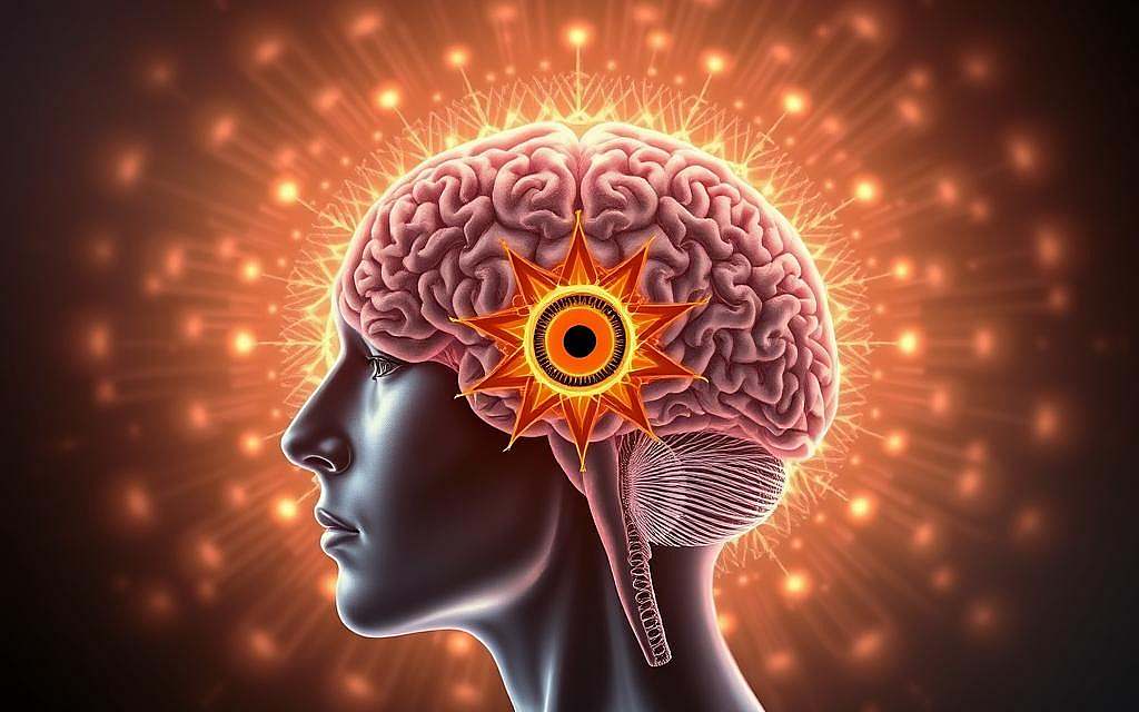 A detailed anatomical illustration of the Ajna chakra, the "third eye", and its neurological correlates. In the foreground, a cross-section of the human brain reveals the pineal gland, the putative seat of the third eye. Surrounding this is a radiating mandala-like array of neural pathways, representing the intricate connections between the Ajna chakra and the brain's visual, intuitive, and spiritual processing centers. The background features a glowing, ethereal energy field, suggesting the transcendent, mystical qualities associated with this chakra. The lighting is soft and diffuse, creating an atmosphere of calm introspection and insight. Rendered in a scientifically accurate yet visually striking style, harmonizing the ancient wisdom of the chakras with modern neuroscientific understanding. A detailed anatomical illustration of the Ajna chakra, the "third eye", and its neurological correlates. In the foreground, a cross-section of the human brain reveals the pineal gland, the putative seat of the third eye. Surrounding this is a radiating mandala-like array of neural pathways, representing the intricate connections between the Ajna chakra and the brain's visual, intuitive, and spiritual processing centers. The background features a glowing, ethereal energy field, suggesting the transcendent, mystical qualities associated with this chakra. The lighting is soft and diffuse, creating an atmosphere of calm introspection and insight. Rendered in a scientifically accurate yet visually striking style, harmonizing the ancient wisdom of the chakras with modern neuroscientific understanding.